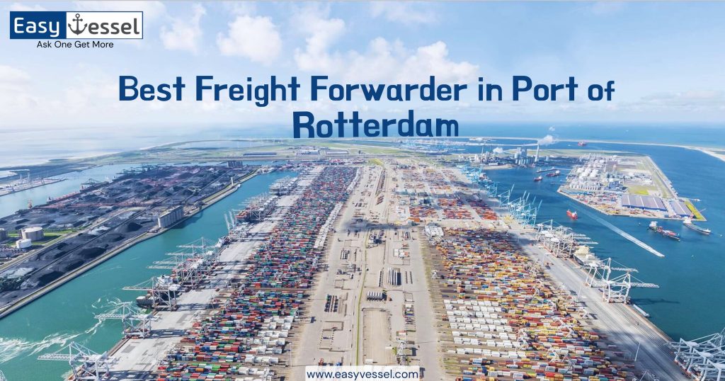 Grote vrachtschepen meerden aan in de haven van Rotterdam met gestapelde zeecontainers. Zij behoren tot de grootste zeevrachtexpeditiebedrijven in Nederland.
