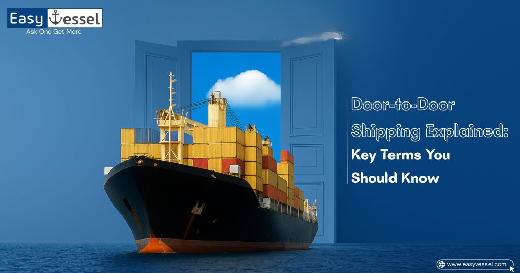 Illustration showing the process of door-to-door shipping with icons representing pickup, customs, transportation, and final delivery to the customer’s doorstep.
