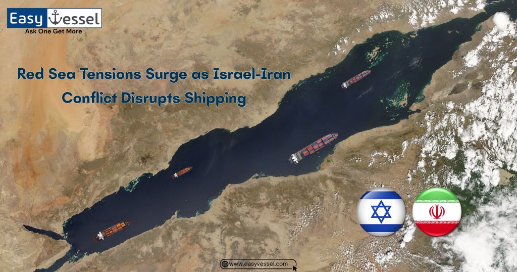 Cargo ship navigating the Red Sea amid rising geopolitical tensions and shipping threats caused by the Israel-Iran conflict impacting global trade routes.