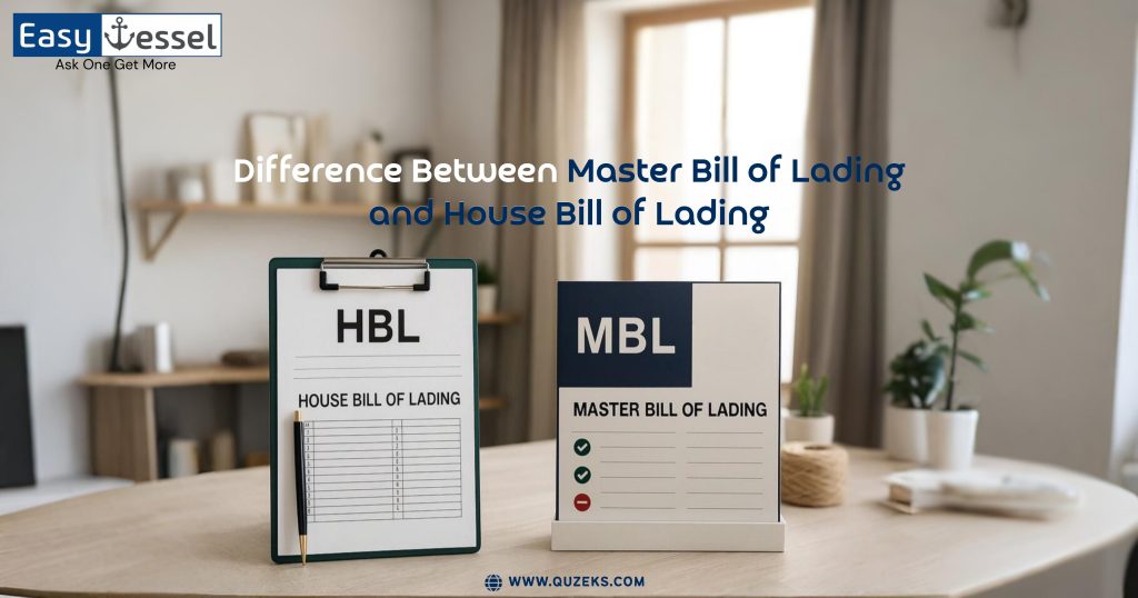 Visual comparison of House Bill of Lading (HBL) and Master Bill of Lading (MBL) with EasyVessel branding, showing the difference between the two types of shipping documents.