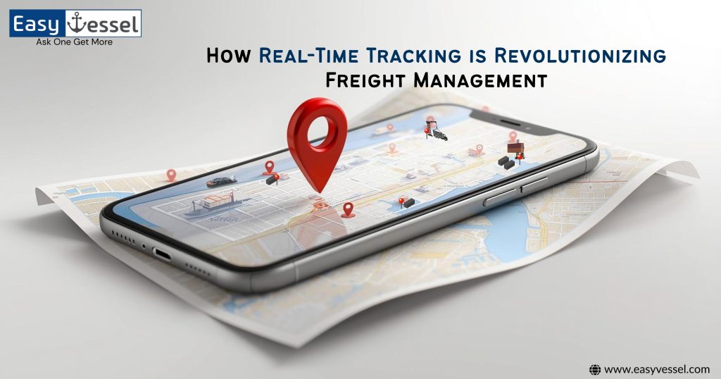 llustration of real-time tracking in freight management showing a smartphone with map, location pins, and transport icons, representing EasyVessel logistics solutions.