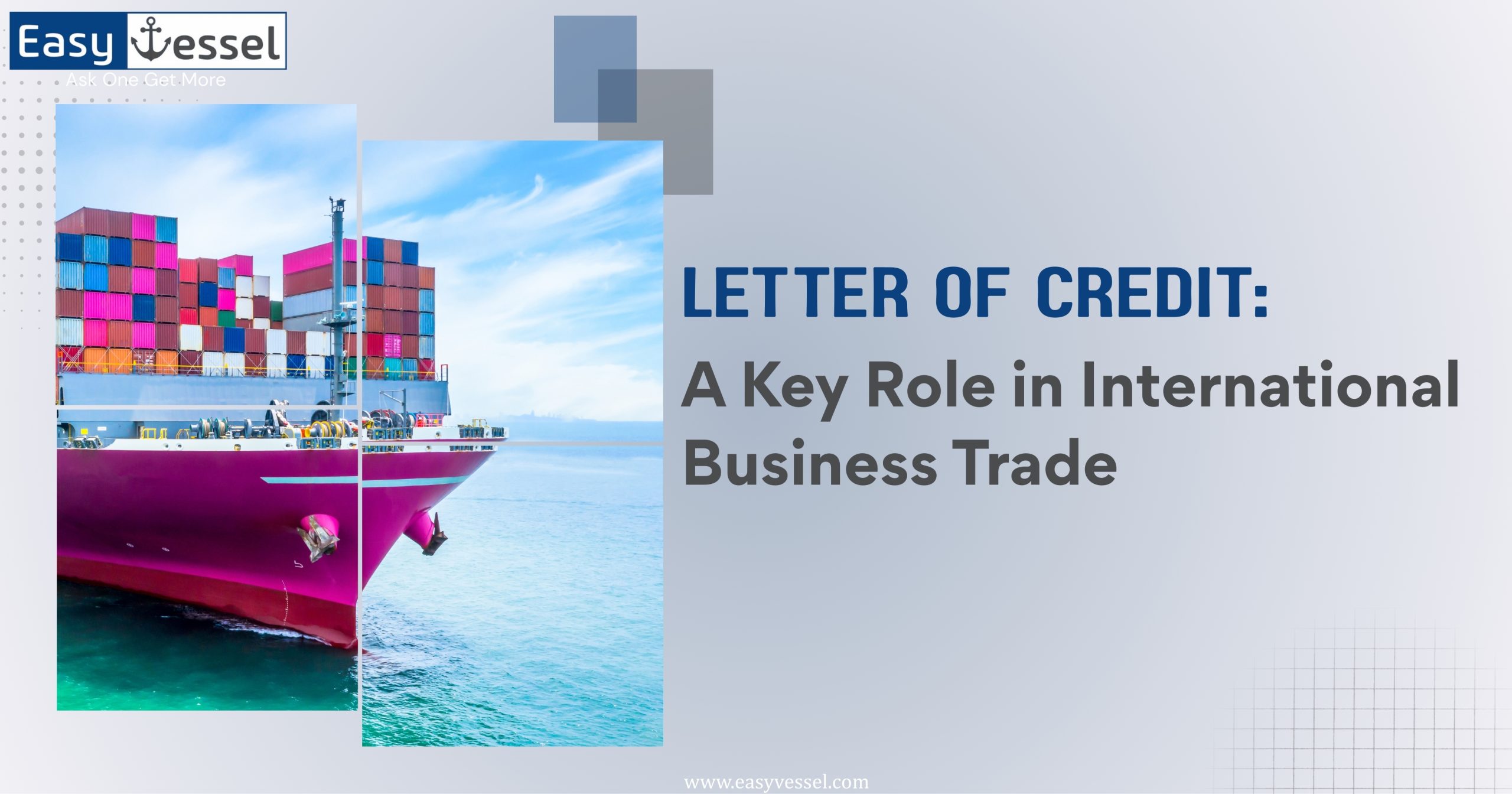 Letter of credit in international trade, featuring a cargo ship with shipping containers and EasyVessel branding.